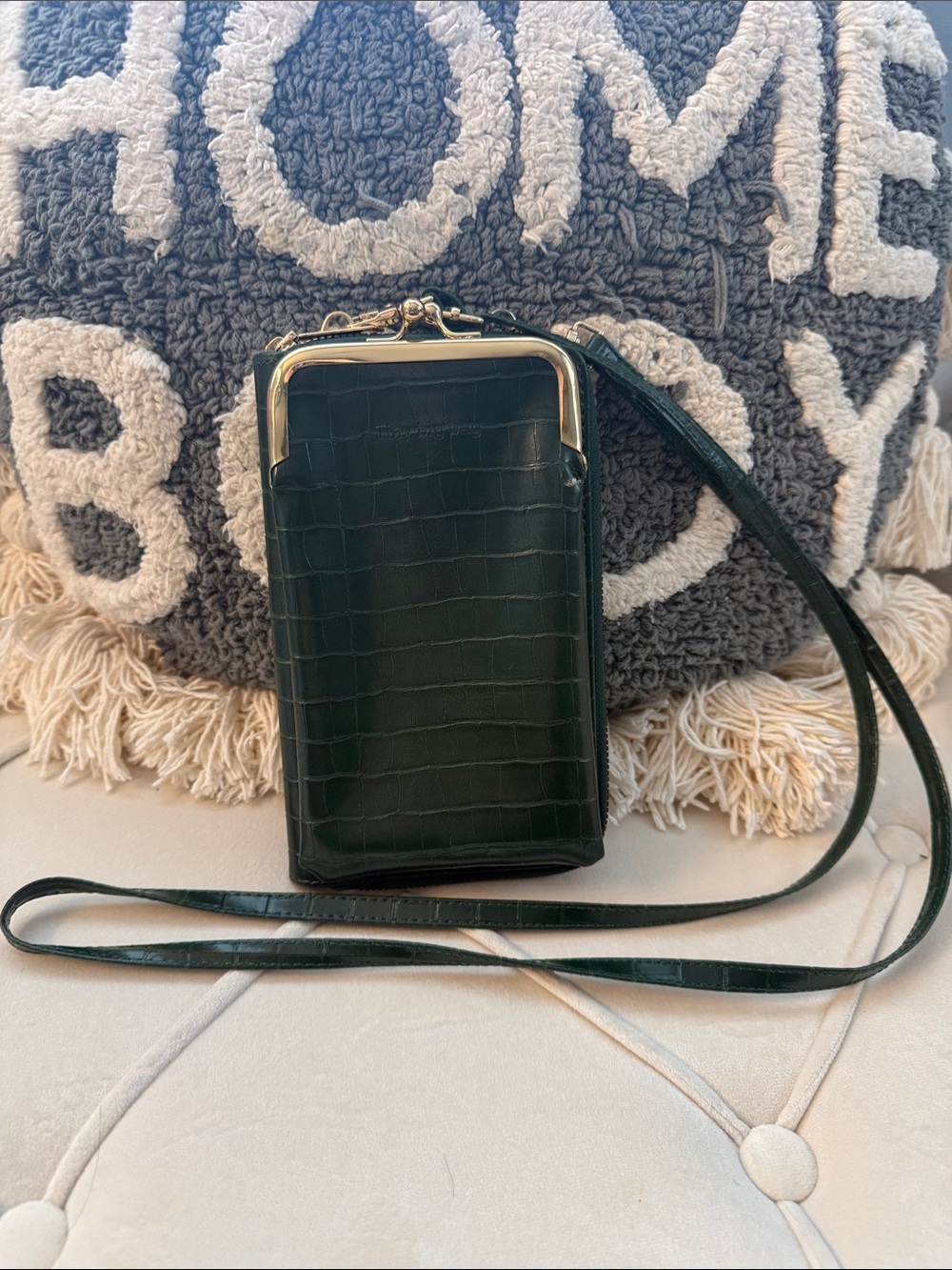 Tiny Big Bag Dark Green Croc-Embossed Crossbody Phone Bag with Gold Frame